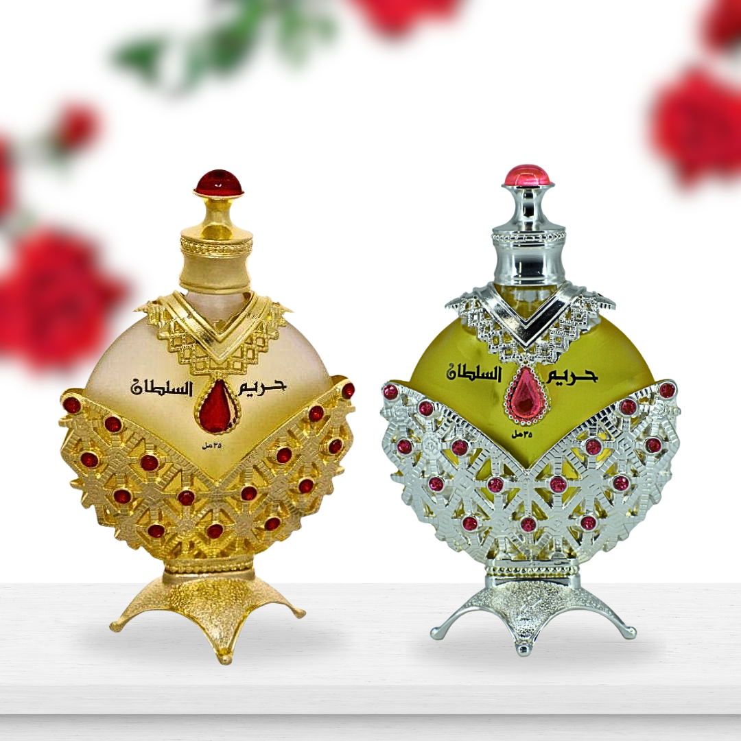 Hareem Al Sultan Gold Oil & Hareem Al Sultan Silver Oil - CPO 35ML (1.18 OZ) BY KHADLAJ. (Value Pack) - Intense Oud
