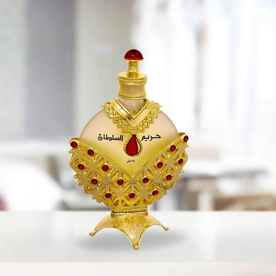 Khadlaj Hareem Al Sultan Gold and Blue Antique CPO concentrated perfume oils, 35ML bottles, with elegant packaging.