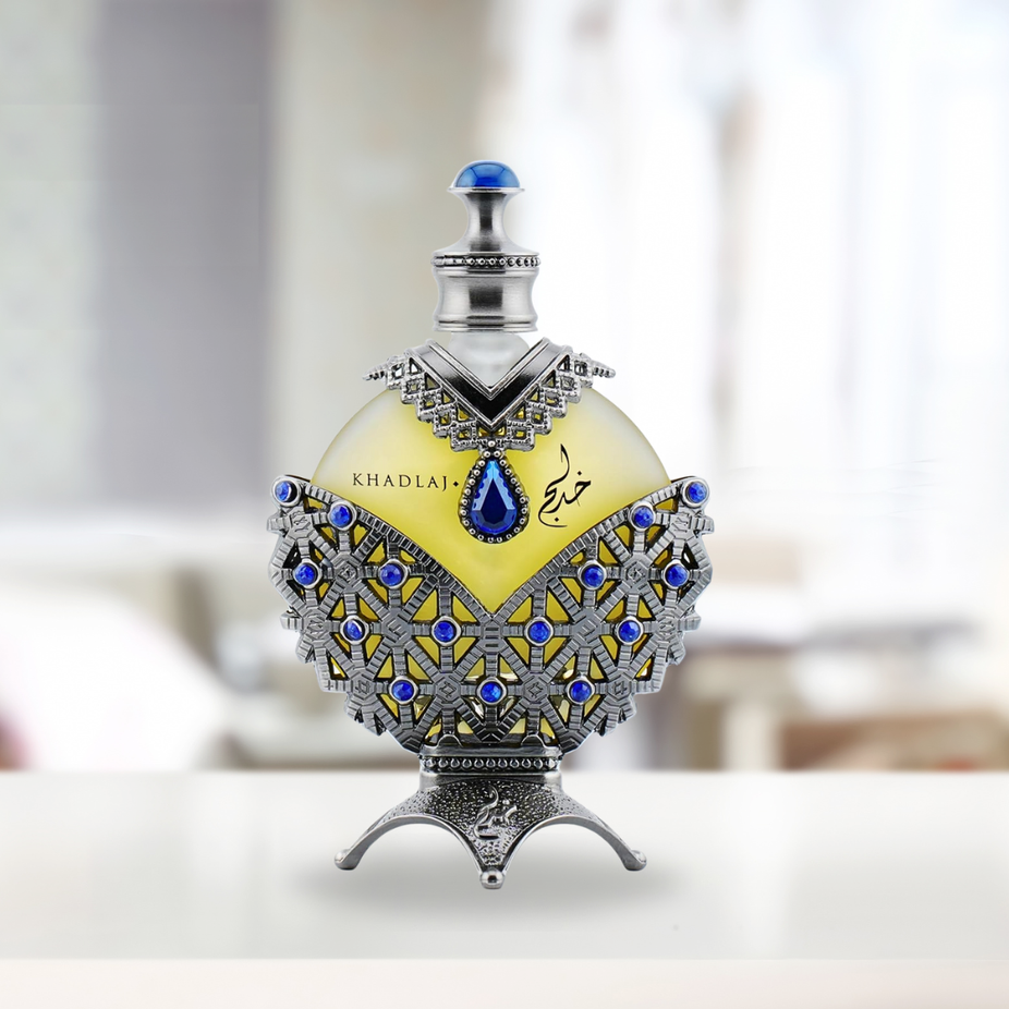 Khadlaj Hareem Al Sultan Gold and Blue Antique CPO concentrated perfume oils in 35ml bottles, featuring luxurious, decorative packaging.