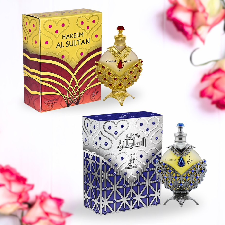 Khadlaj Hareem Al Sultan Gold and Blue Antique concentrated perfume oils in 35ml bottles, featuring rich, luxurious fragrance blends.