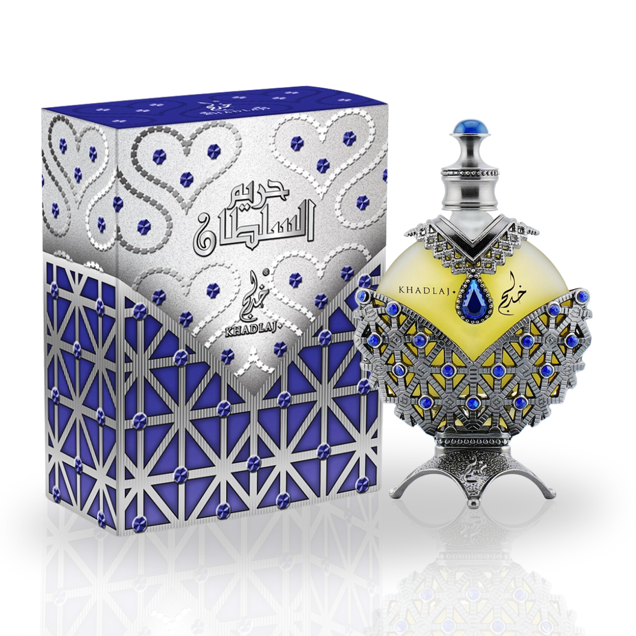Khadlaj Hareem Al Sultan Blue antique perfume oil in a 35ml CPO bottle, featuring elegant blue packaging and luxurious design