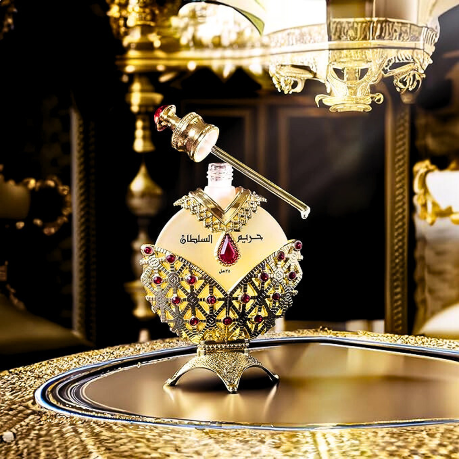 Khadlaj Hareem Al Sultan Gold Oil and Blue Antique Oil CPO concentrated perfume oils in 35ml bottles, featuring elegant packaging.