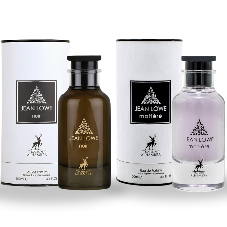 Maison Alhambra Jean Lowe Noir & Matiere Eau de Parfum sprays 100ml, stylish bottles in a value pack, elegant fragrance presentation.