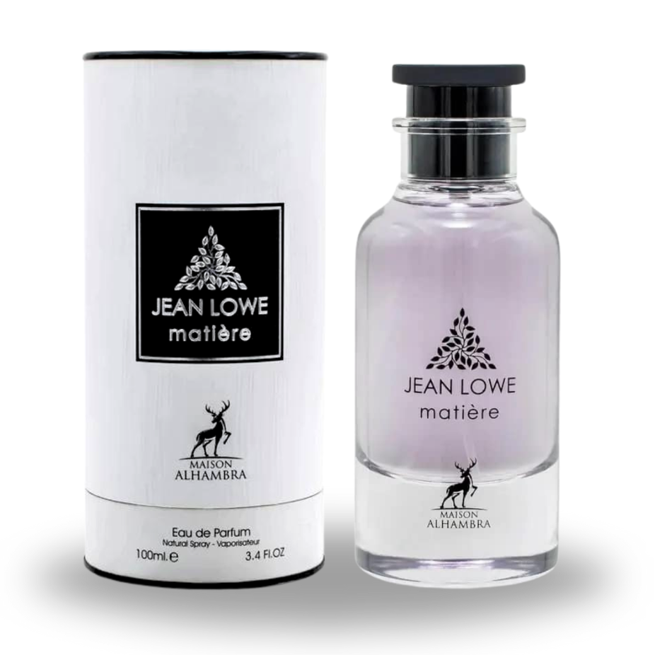 Maison Alhambra Jean Lowe Noir & Matiere Eau de Parfum sprays 100ml, elegant bottles with sleek black and transparent design.