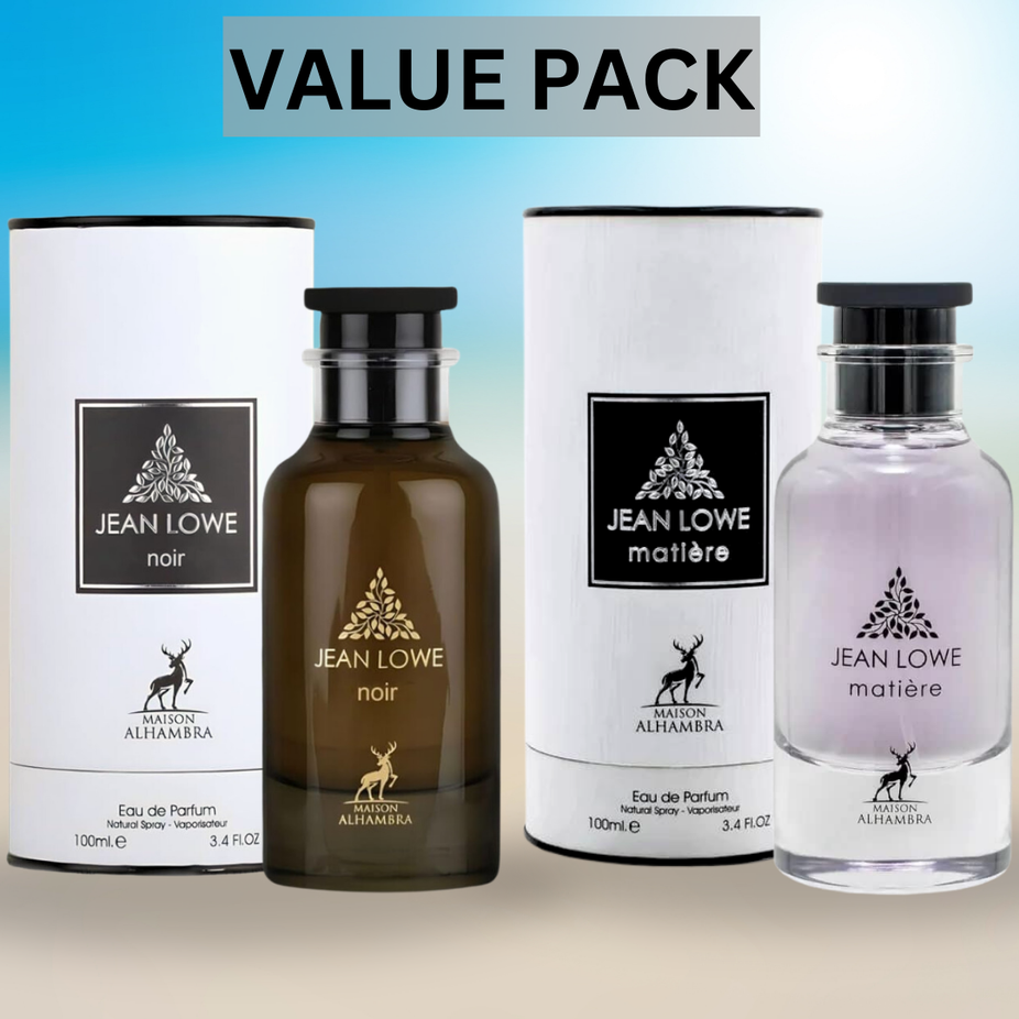 Maison Alhambra Jean Lowe Noir & Matiere Eau de Parfum sprays in 100ml bottles, elegant packaging, suitable for fragrance collection.