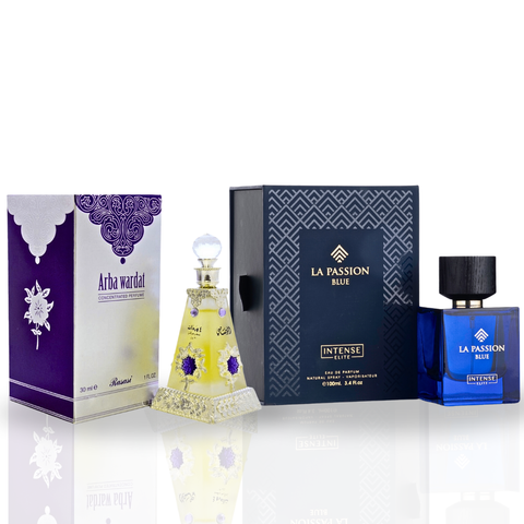 Intense Oud bundle featuring LA Passion Blue for Men EDP 100ML and Rasasi Arba Wardat Perfume Oil 30ML, both with vibrant bottles.
