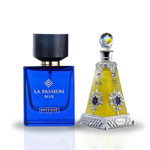 Bundle of Intense Oud LA Passion Blue for Men EDP 100ML and Arba Wardat Perfume Oil 30ML by Rasasi, featuring elegant fragrance bottles.
