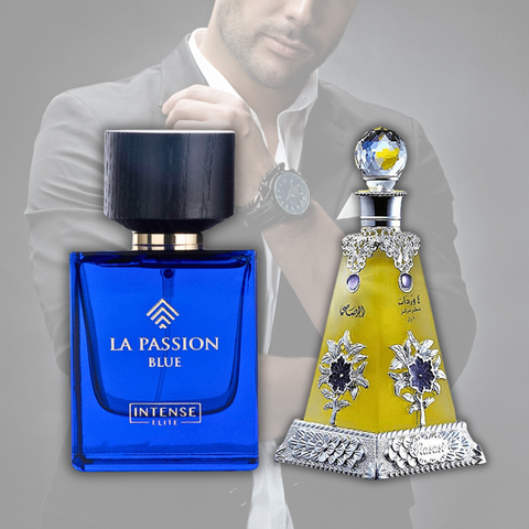 Bundle of Intense Oud LA Passion Blue For Men EDP 100ML and Rasasi Arba Wardat Perfume Oil 30ML with bottles and packaging.