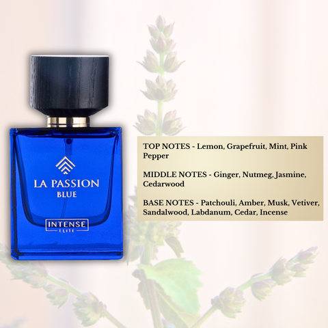 Bundle of LA Passion Blue for Men EDP 100ml and Rasasi Arba Wardat perfume oil 30ml by Intense Oud, featuring luxurious male fragrances.