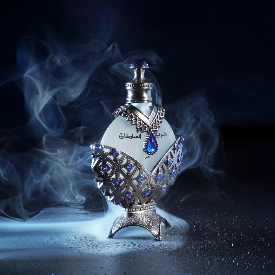 Khadlaj Hareem Al Sultan Blue antique perfume oil in 35ml CPO bottle, showcasing elegant packaging and deep blue liquid inside.