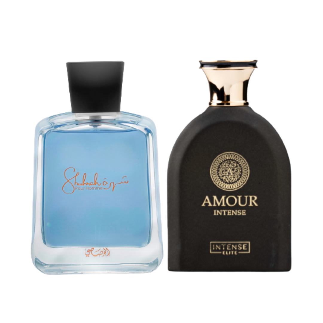Addasubheading image featuring Shuhrah Pour Homme Eau De Parfum 90ml and Amour Intense EDP 100ml bottles by Intense Oud.
