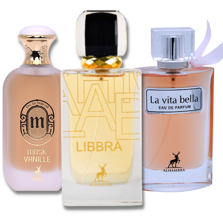 Maison Alhambra Libbra Musk Vanille and La Vita Bella Eau de Parfum sprays, 100ml bottles, elegant packaging in a bundle.