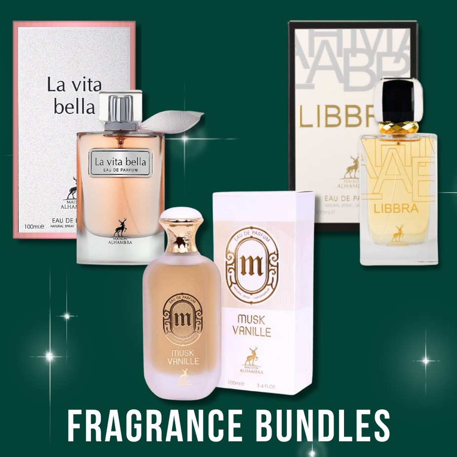 Libbra Maison Alhambra Eau de Parfum bundle with Musk Vanille and La Vita Bella sprays in 100ml bottles, elegant scent display.