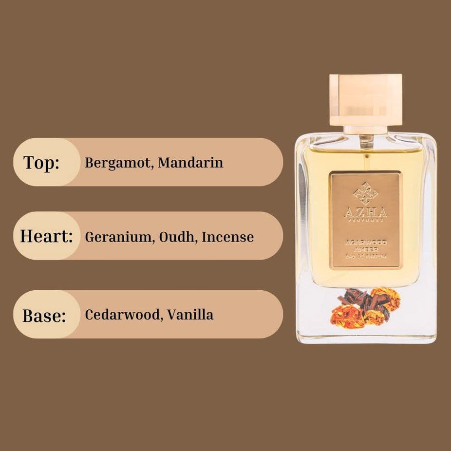 Agarwood Amber Eau de Parfum spray by AZHA, 100ml bottle with amber-colored liquid and elegant packaging.