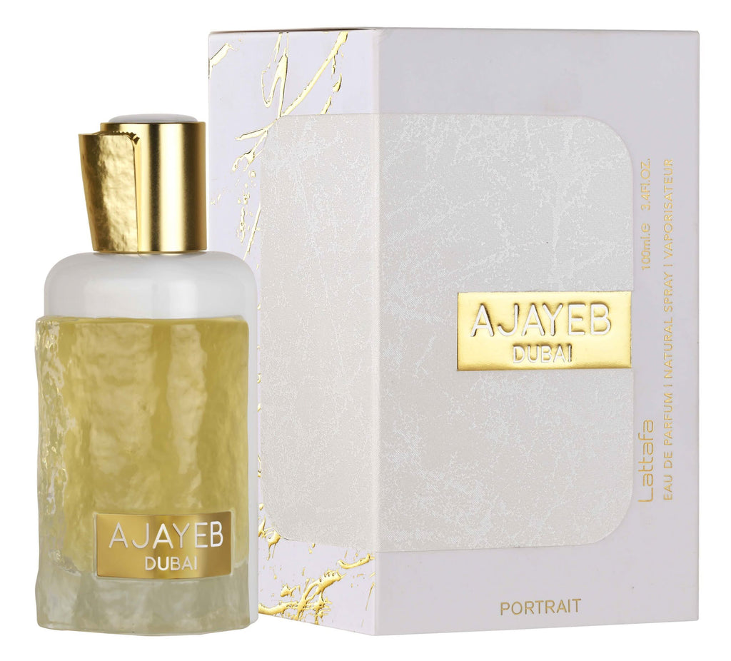 Ajayeb Dubai Portrait Eau de Parfum spray by Lattafa, featuring a gold bottle design, 100ml size, elegant fragrance presentation.