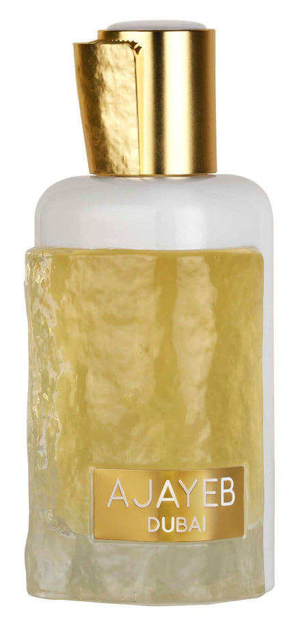 Ajayeb Dubai Portrait Eau de Parfum spray by Lattafa in a gold bottle, 100ml, showcasing the luxurious perfume design.