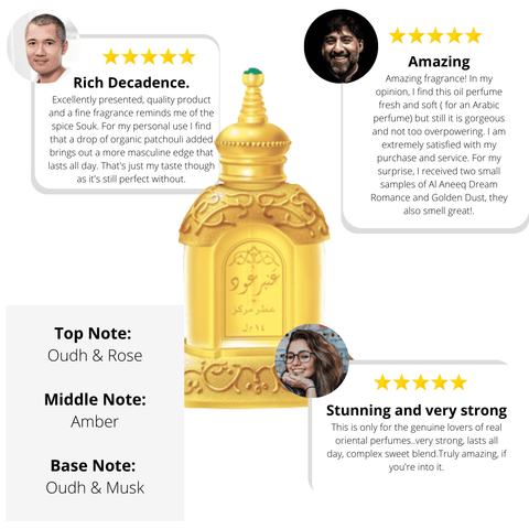 Intense Oud Aromatic 3-piece CPO unisex set with Amber Ood, Musk Khas, and Sahar concentrated perfume oils in small bottles