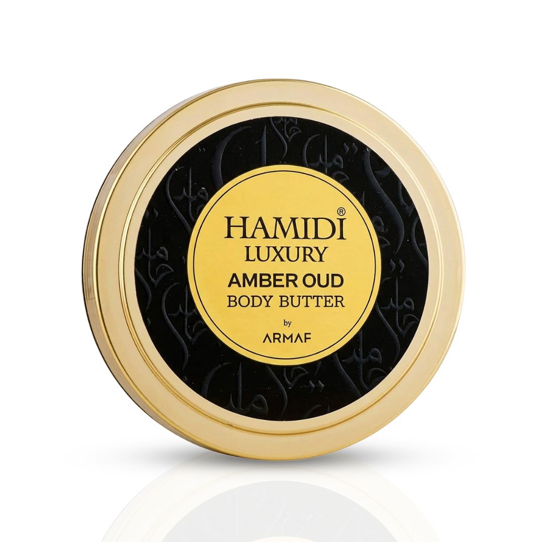 Hamidi Luxury Amber Oud Body Butter 250ml jar with rich, creamy texture and warm amber oud fragrance.