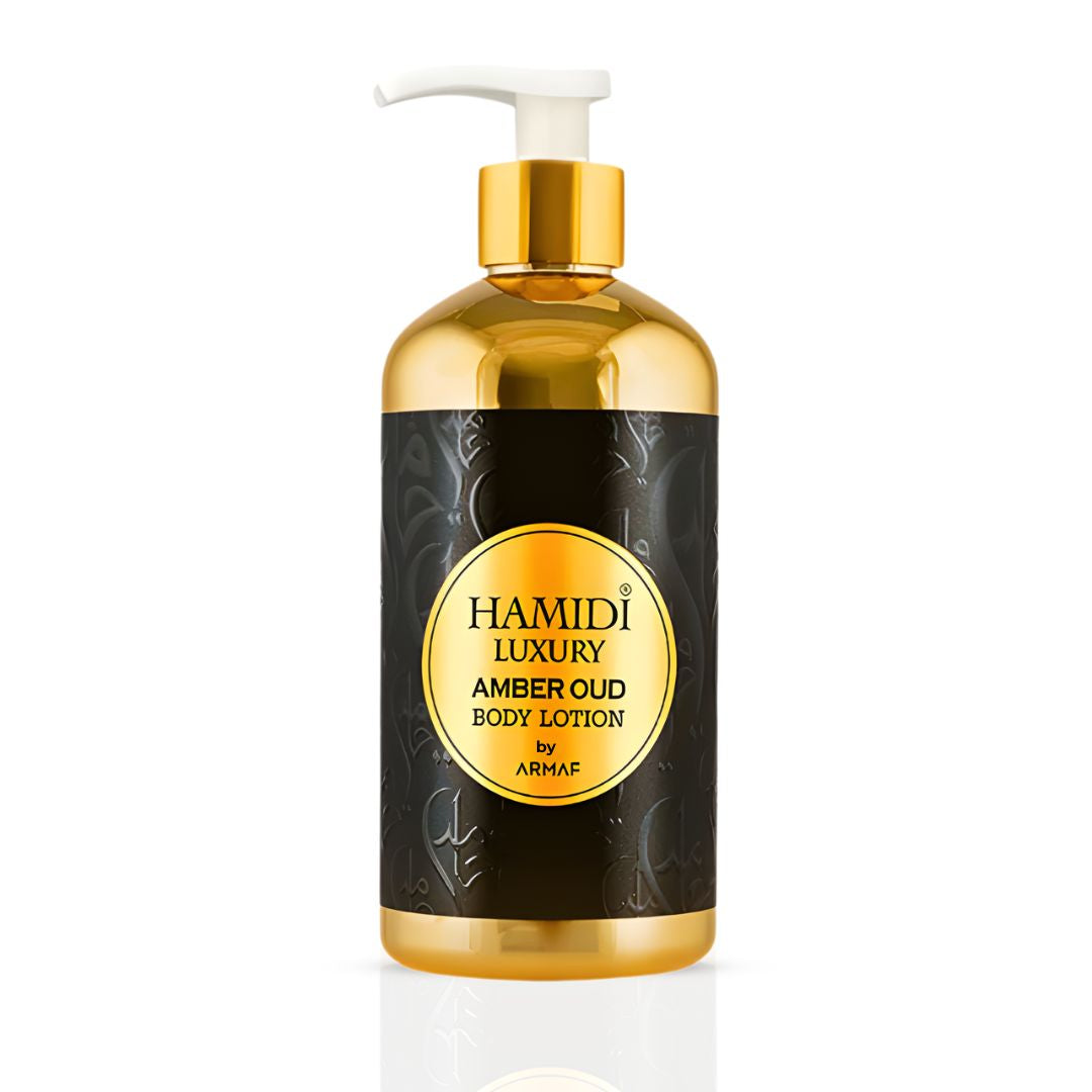 Hamidi Luxury Amber Oud Body Lotion 500ml bottle with amber-colored packaging and elegant design, featuring the product label.