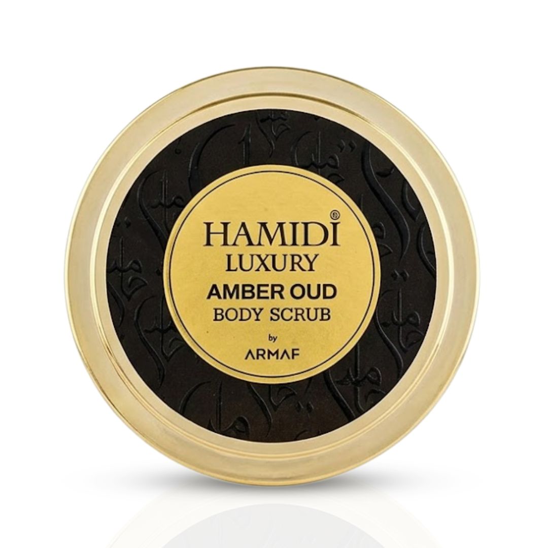 Hamidi Luxury Amber Oud Body Scrub in 250ml jar with creamy amber-colored scrub visible, featuring elegant packaging.