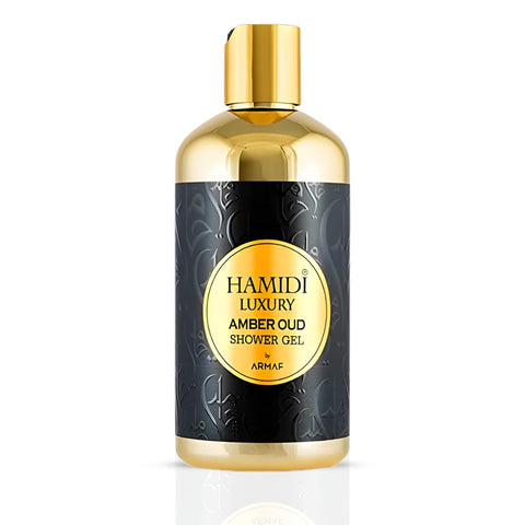 Hamidi Luxury Amber Oud Shower Gel 500ml bottle with amber-colored liquid and elegant packaging.