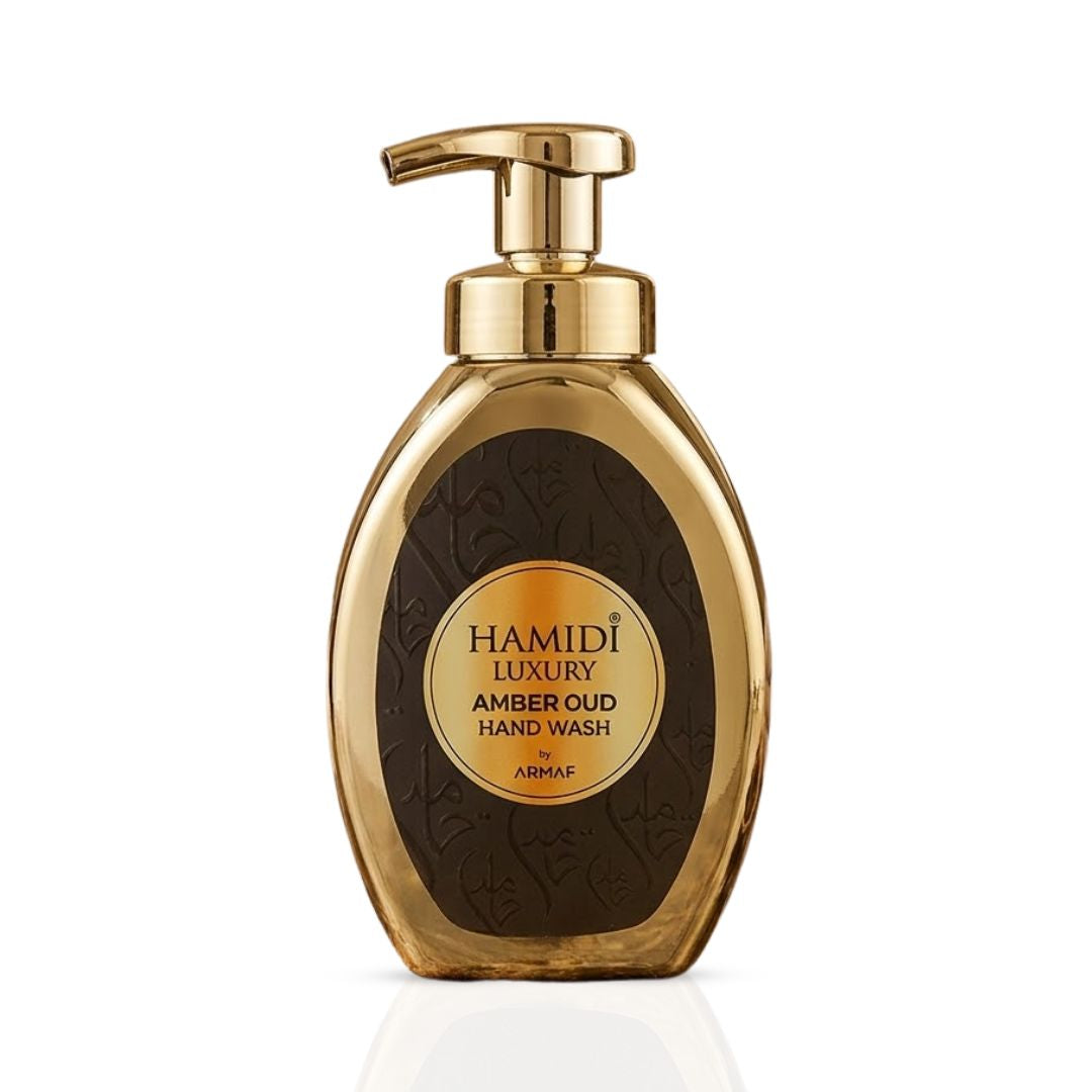 Hamidi Luxury Amber Oud Hand Wash bottle with amber-colored liquid and sleek label, 350ml (11.9 oz).