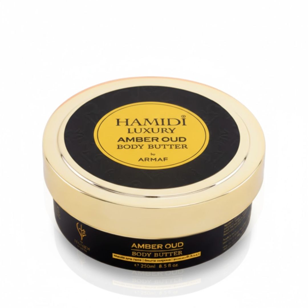 Hamidi Luxury Amber Oud Body Butter in 250ml jar, creamy texture with warm amber oud scent, shown in a close-up image.