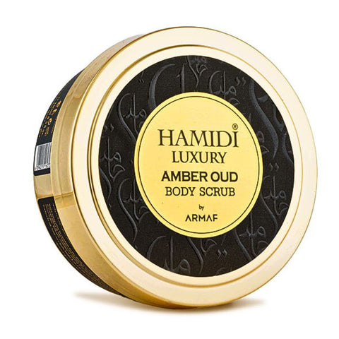 Hamidi Luxury Amber Oud Body Scrub in 250ml jar, showing textured amber-colored exfoliating scrub with a luxurious appearance.