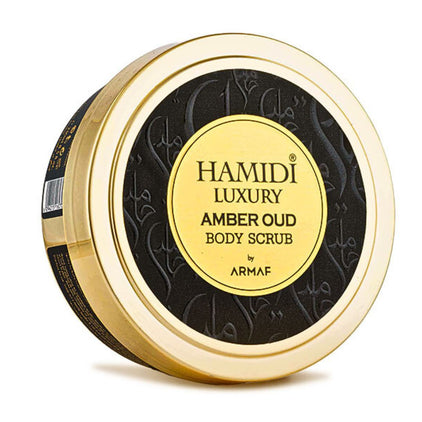 Hamidi Luxury Amber Oud Body Scrub in 250ml jar, showing textured amber-colored exfoliating scrub with a luxurious appearance.