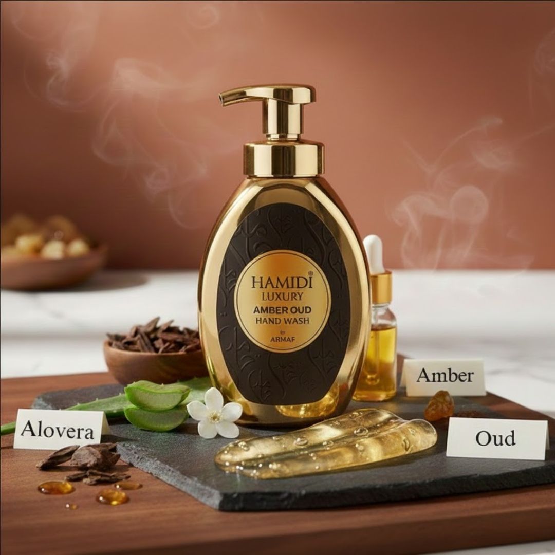 Hamidi Luxury Amber Oud hand wash bottle with amber and gold design, 350ml (11.9 oz), elegant packaging and label.
