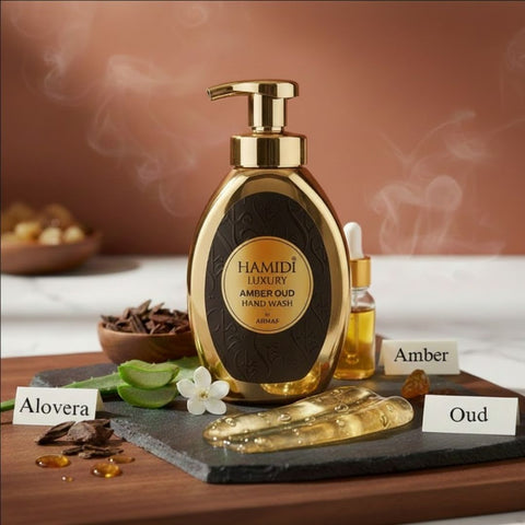 Hamidi Luxury Amber Oud hand wash bottle with amber and gold design, 350ml (11.9 oz), elegant packaging and label.