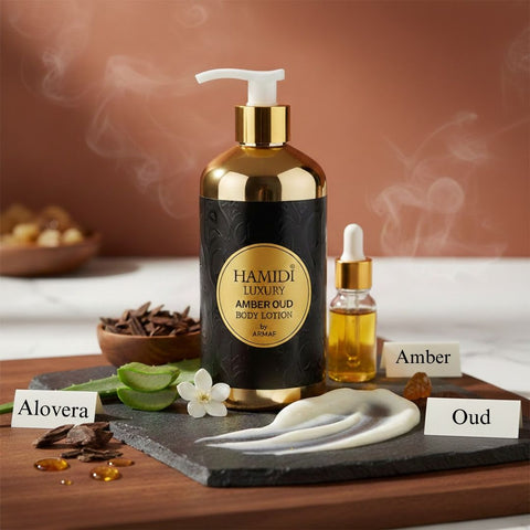 Luxury Amber Oud Body Lotion by Hamidi in 500ml bottle, featuring warm amber and oud scent with elegant packaging.