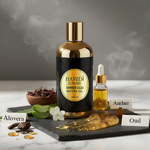 Hamidi Luxury Amber Oud Shower Gel 500ml bottle with amber-colored liquid and elegant packaging.