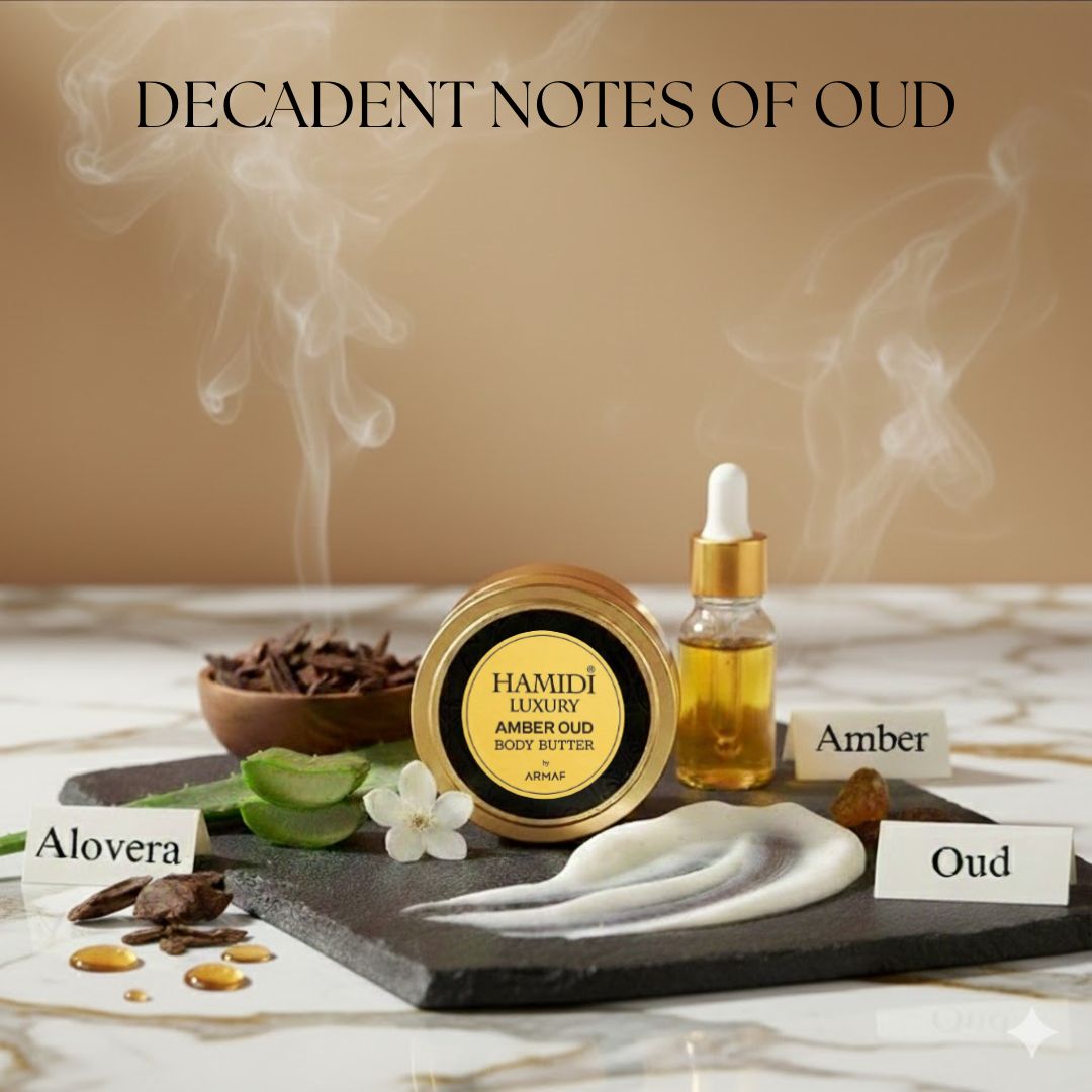 Hamidi Luxury Amber Oud Body Butter in 250ml jar, creamy texture with amber and oud scent, displayed in the image.