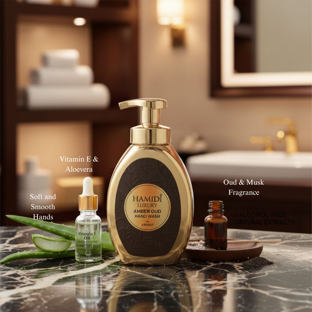 Hamidi Luxury Amber Oud hand wash bottle with amber-colored liquid and elegant label, 350ml (11.9 oz) size.