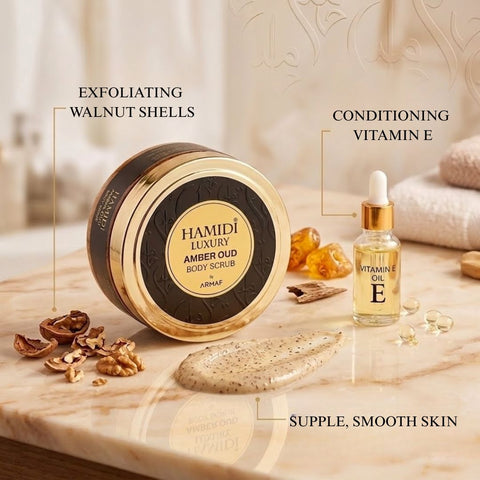 Hamidi Luxury Amber Oud Body Scrub in 250ml jar, showing the elegant container and rich amber-colored scrub inside.