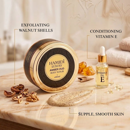 Hamidi Luxury Amber Oud Body Scrub in 250ml jar, showing the elegant container and rich amber-colored scrub inside.