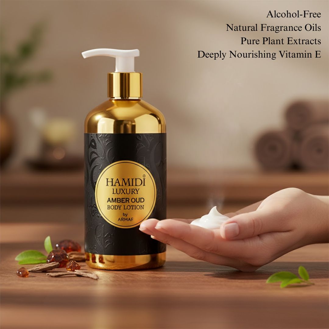 Hamidi Luxury Amber Oud Body Lotion 500ml bottle with amber-colored label and elegant packaging, showcasing the product.