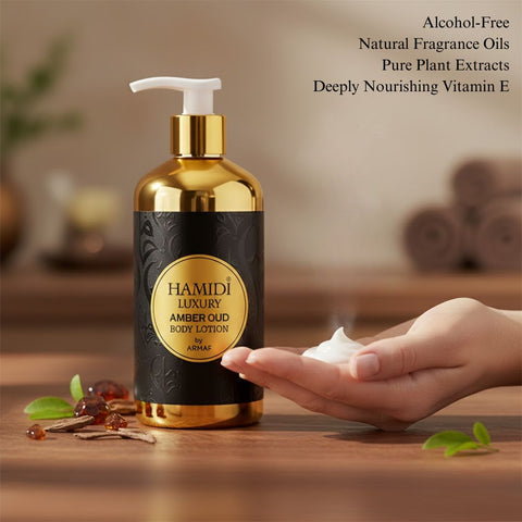 Hamidi Luxury Amber Oud Body Lotion 500ml bottle with amber-colored label and elegant packaging, showcasing the product.