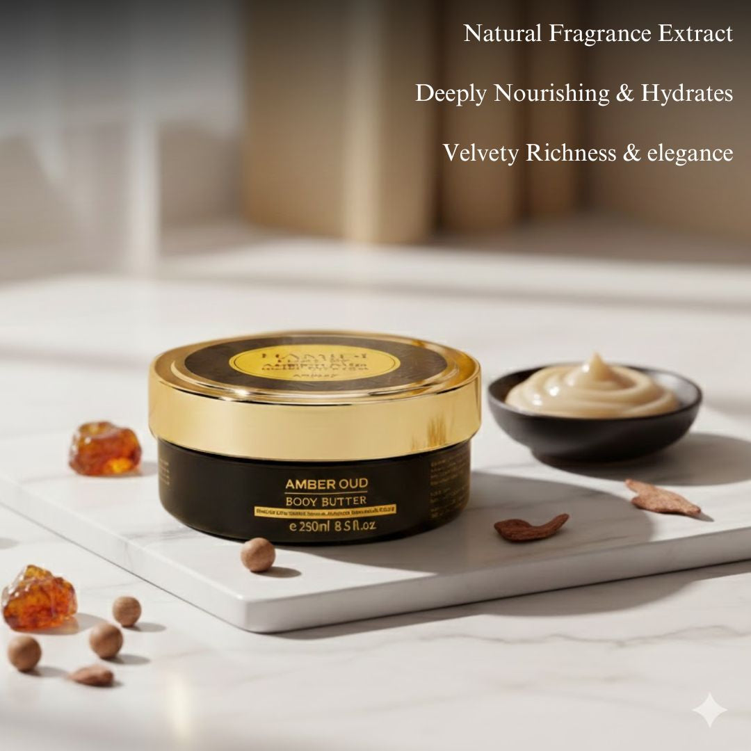 Hamidi Luxury Amber Oud Body Butter in 250ml jar, creamy texture with amber and oud fragrance, showcasing the product.