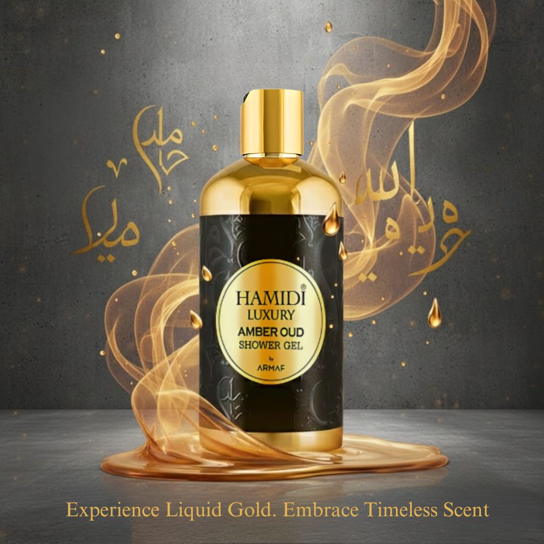Hamidi Luxury Amber Oud Shower Gel 500ml bottle with amber-colored liquid and elegant label on a white background.