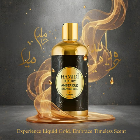 Hamidi Luxury Amber Oud Shower Gel 500ml bottle with amber-colored liquid and elegant label on a white background.