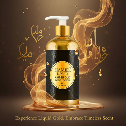 Hamidi Luxury Amber Oud Body Lotion 500ml bottle with elegant amber and gold design, showing the product label.