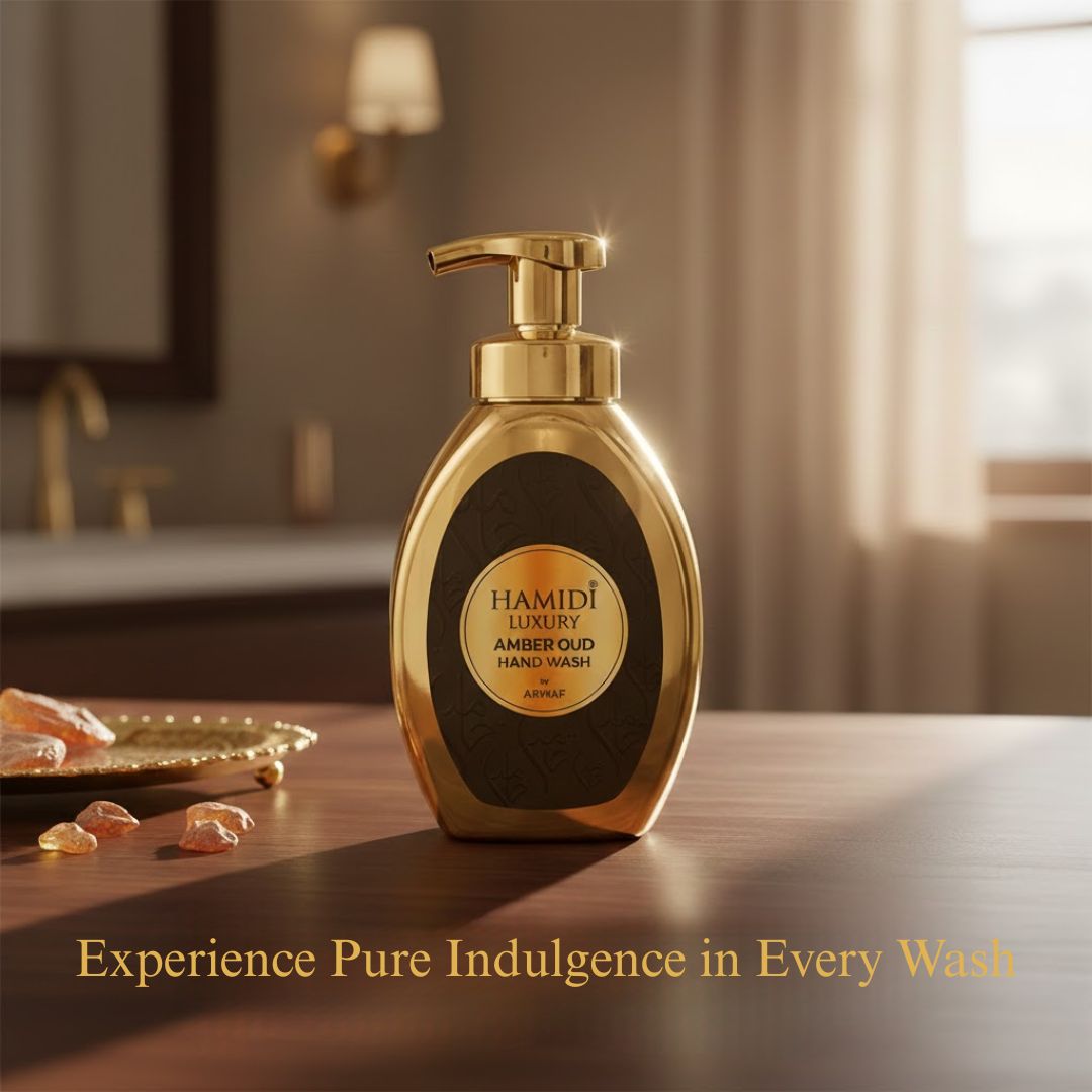 Hamidi Luxury Amber Oud hand wash bottle with amber and gold accents, 350ml, featuring elegant packaging and a luxurious design.