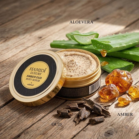 Hamidi Luxury Amber Oud Body Scrub 250ml jar with textured amber-colored lid and label, showcasing the product packaging.
