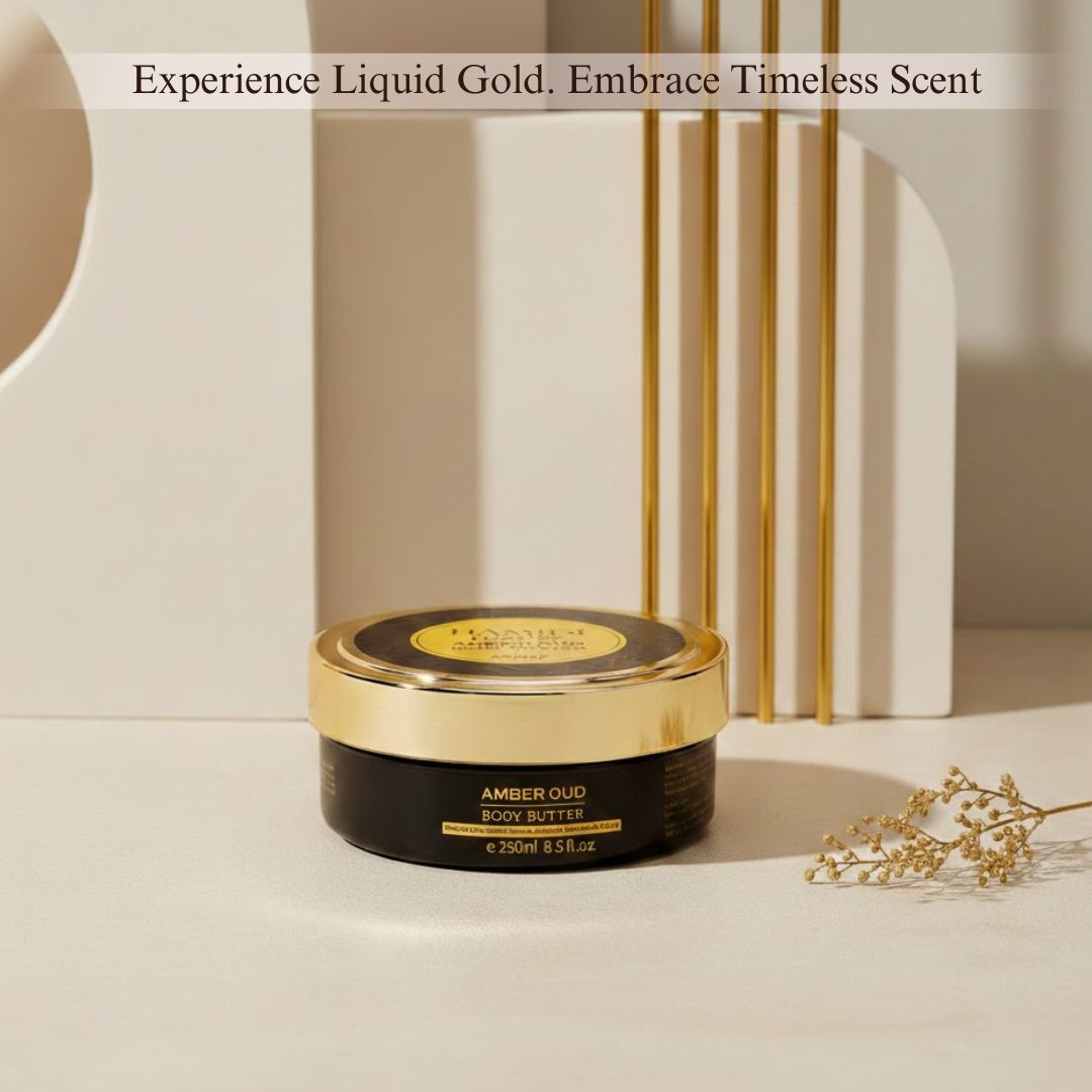 Hamidi Luxury Amber Oud Body Butter jar showing rich amber-colored cream in 250ml container, luxurious skincare product.