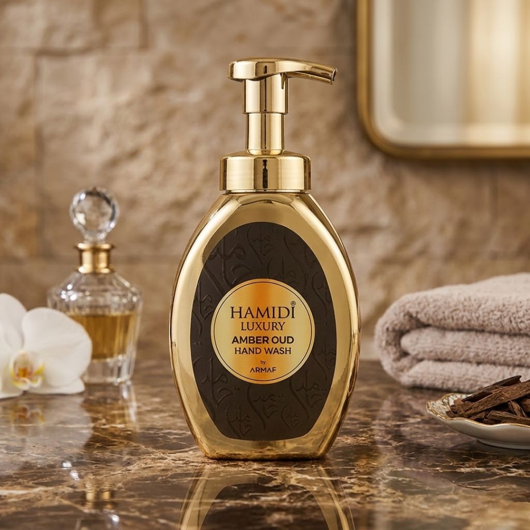 Hamidi Luxury Amber Oud Hand Wash 350ml bottle with elegant amber-colored liquid and minimalist label design.