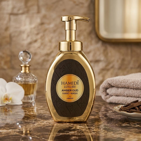 Hamidi Luxury Amber Oud Hand Wash 350ml bottle with elegant amber-colored liquid and minimalist label design.