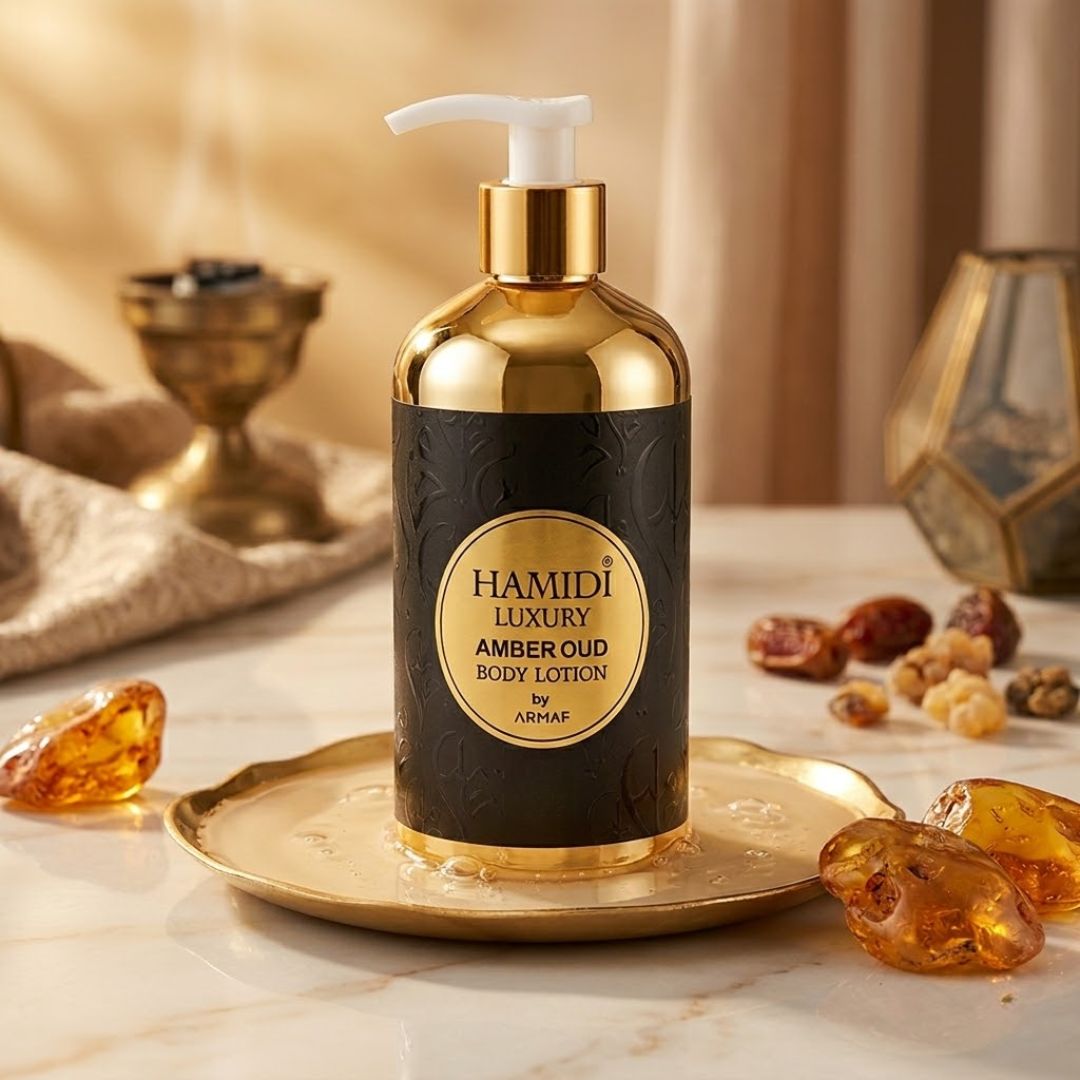Hamidi Luxury Amber Oud Body Lotion 500ml bottle with elegant amber-colored packaging and pump dispenser.