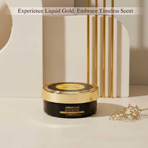 Hamidi Luxury Amber Oud Body Butter jar showing rich amber-colored cream in 250ml container, luxurious skincare product.